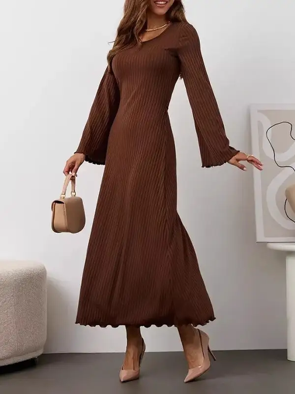 Sleeves Pleated Ruffled Long Neck Maxi Dress