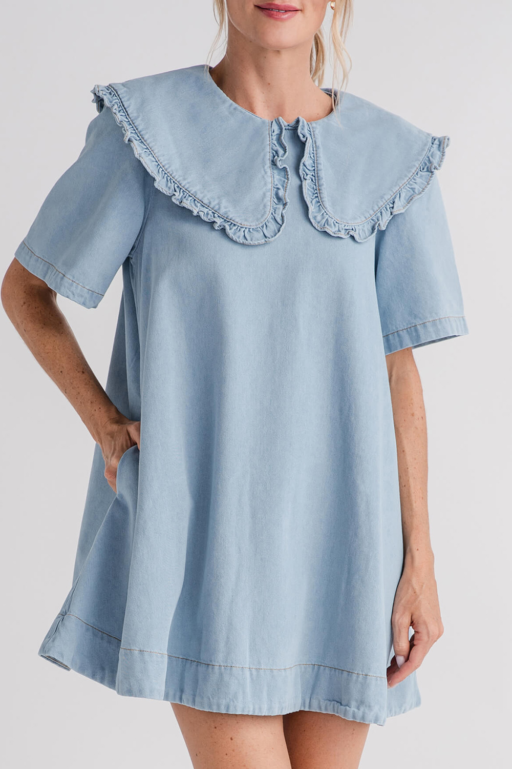 Mable Peter Pan Collar Denim Dress - light denim