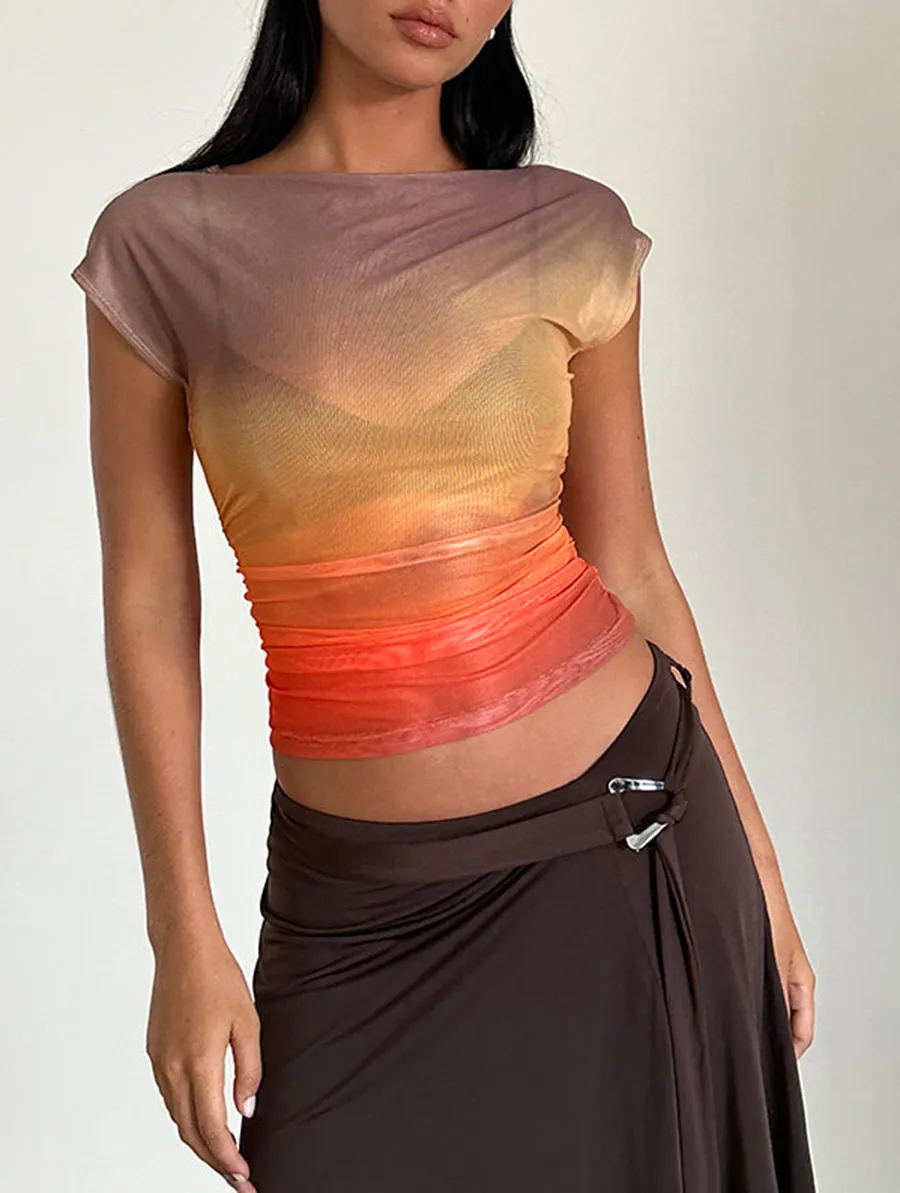 Mesh Printed Orange Top