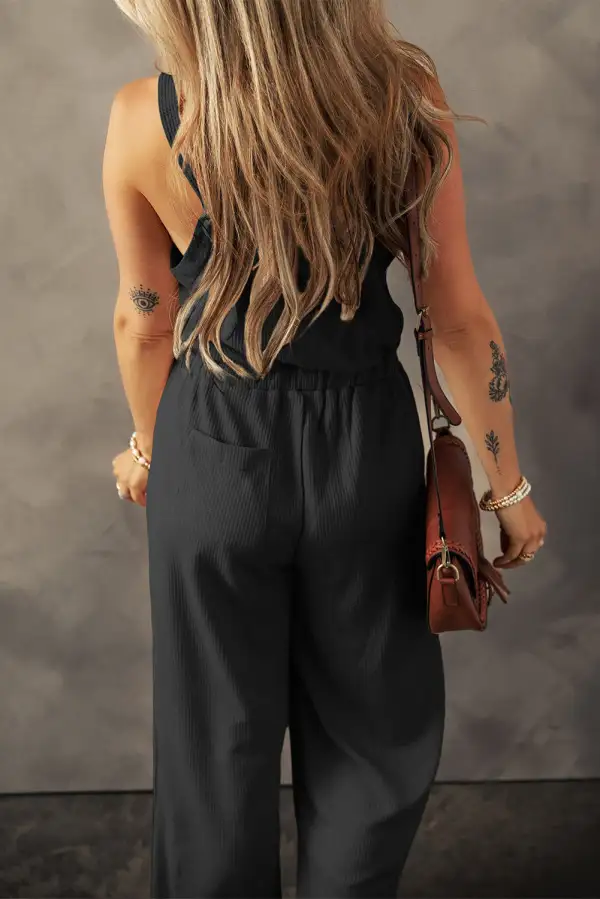 Relaxed Knotted Straps Button Textured Drawstring Jumpsuit