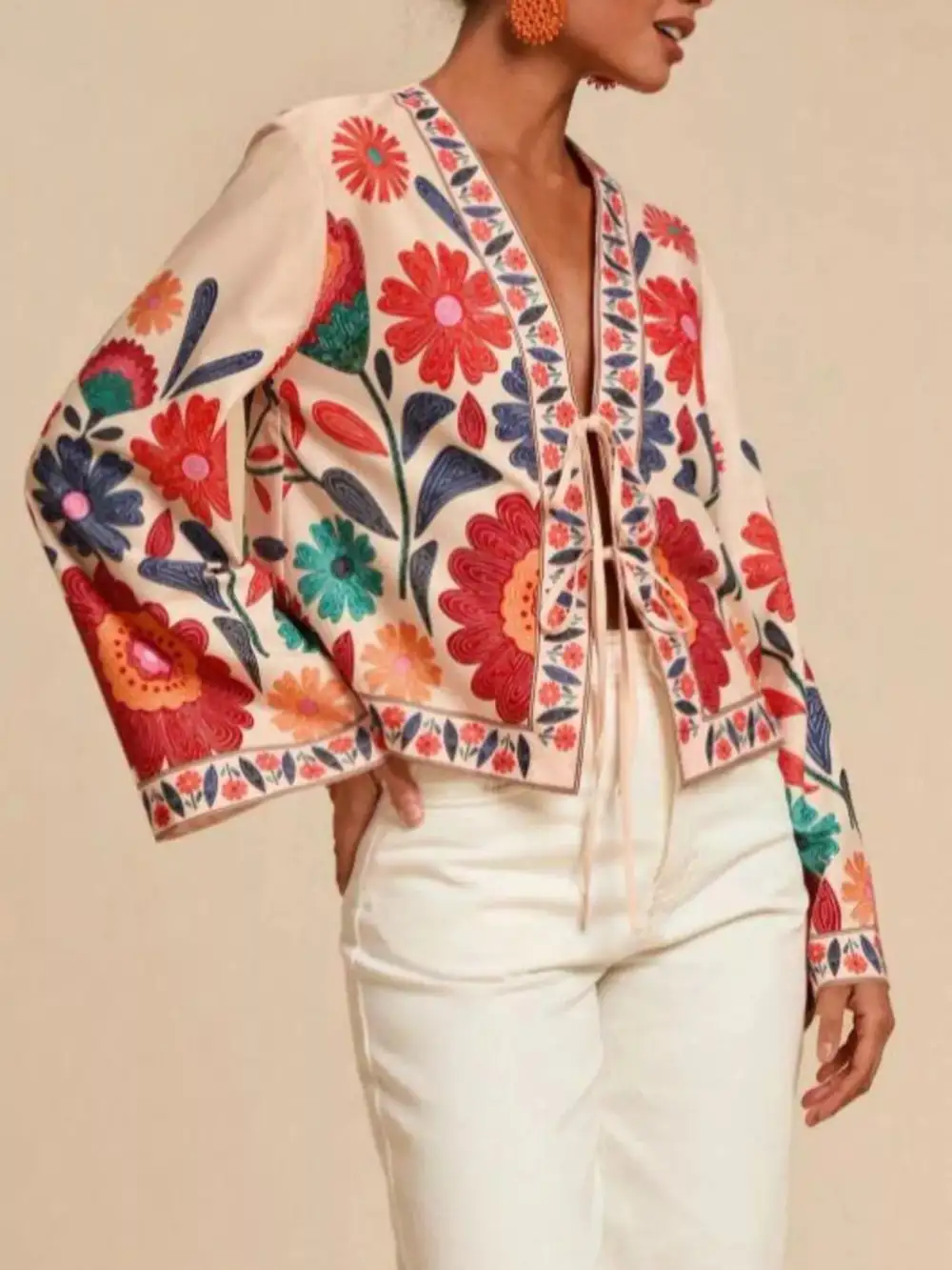 Floral Embroidered Tie-Front Shirt
