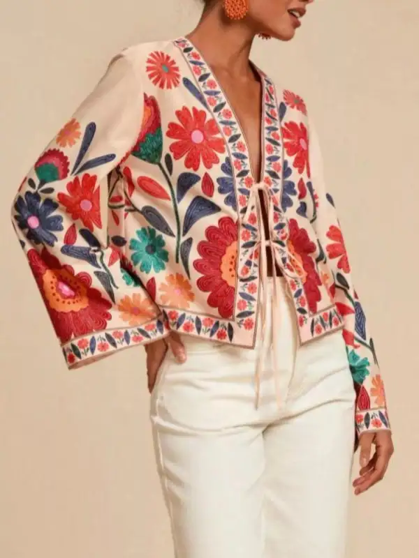 Floral Embroidered Tie-Front Shirt