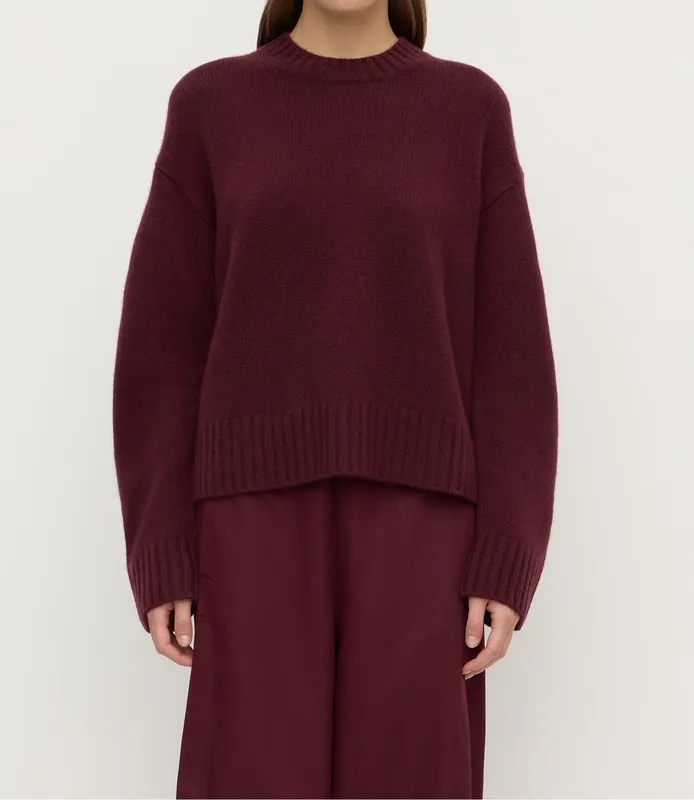 Merlot Cashmere Crew-Neck Knit Sweater
