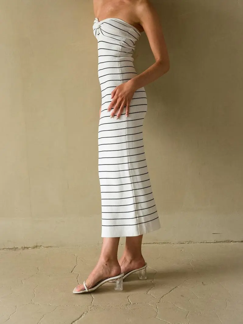 Strapless Twist Front Knit Midi Dress