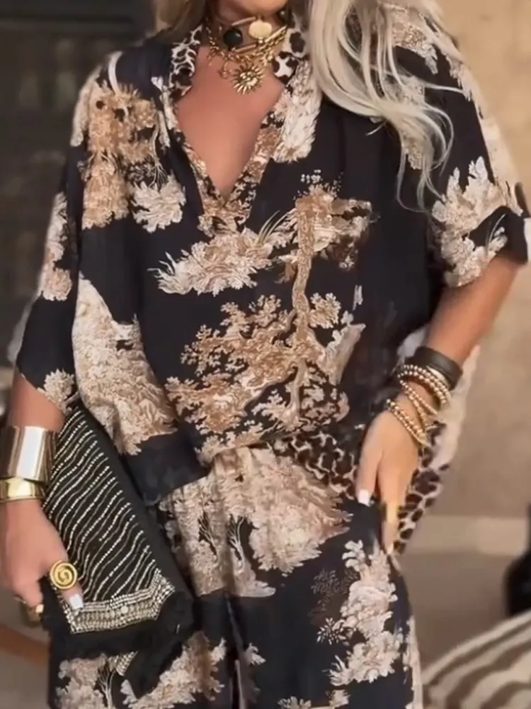 V-Neck Printed Casual Solid Color Loose Two-Piece Suit