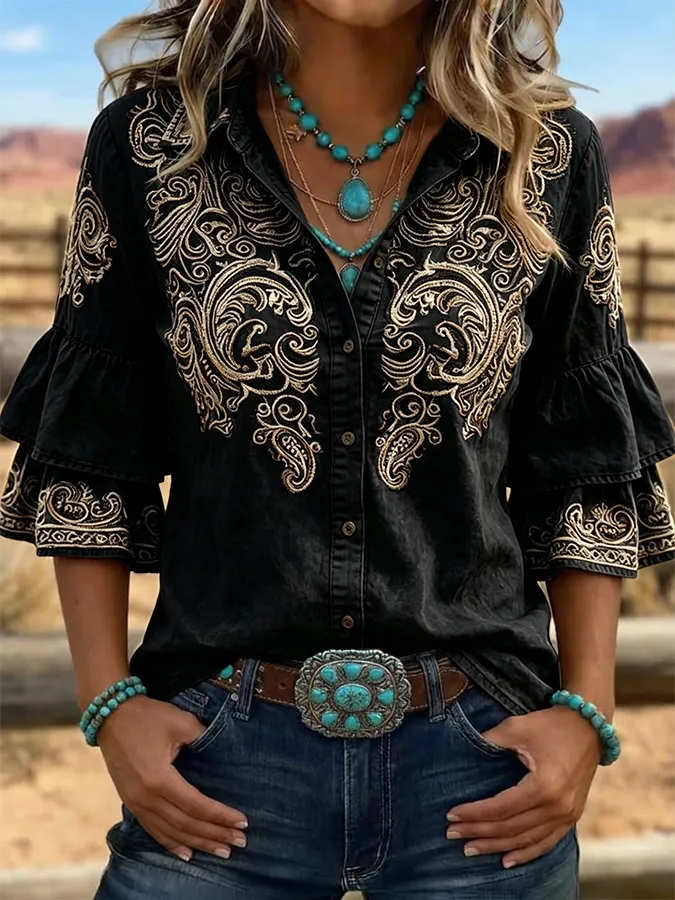 Women's Vintage Floral Print Casual Ruffle Lapel Shirt