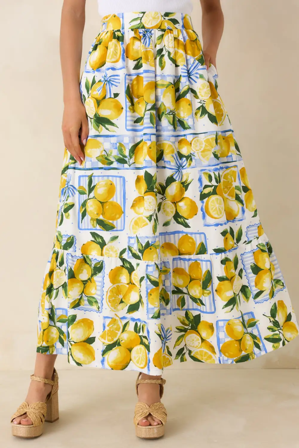 Citrus Charm Multi Lemon Print Cotton Maxi Skirt