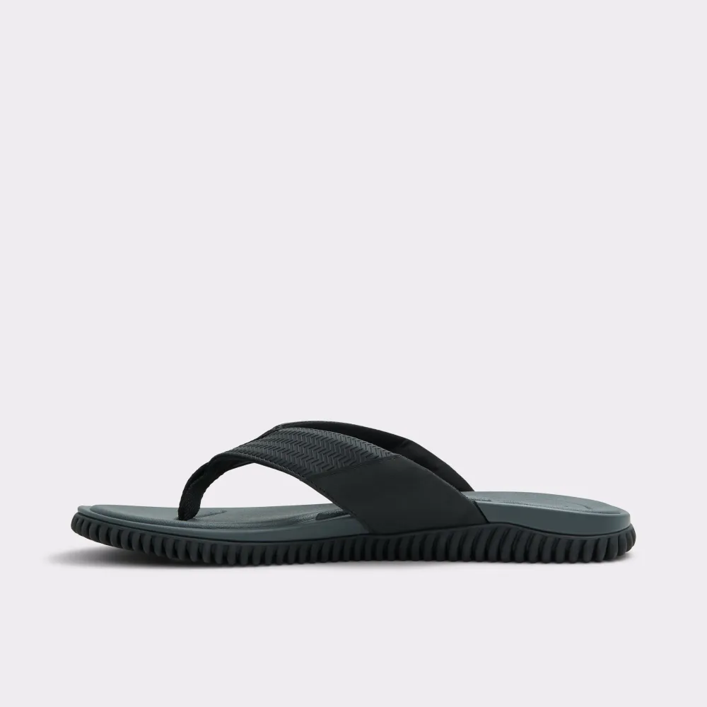 Black  Synthetic Leather Embossed Flat Slides