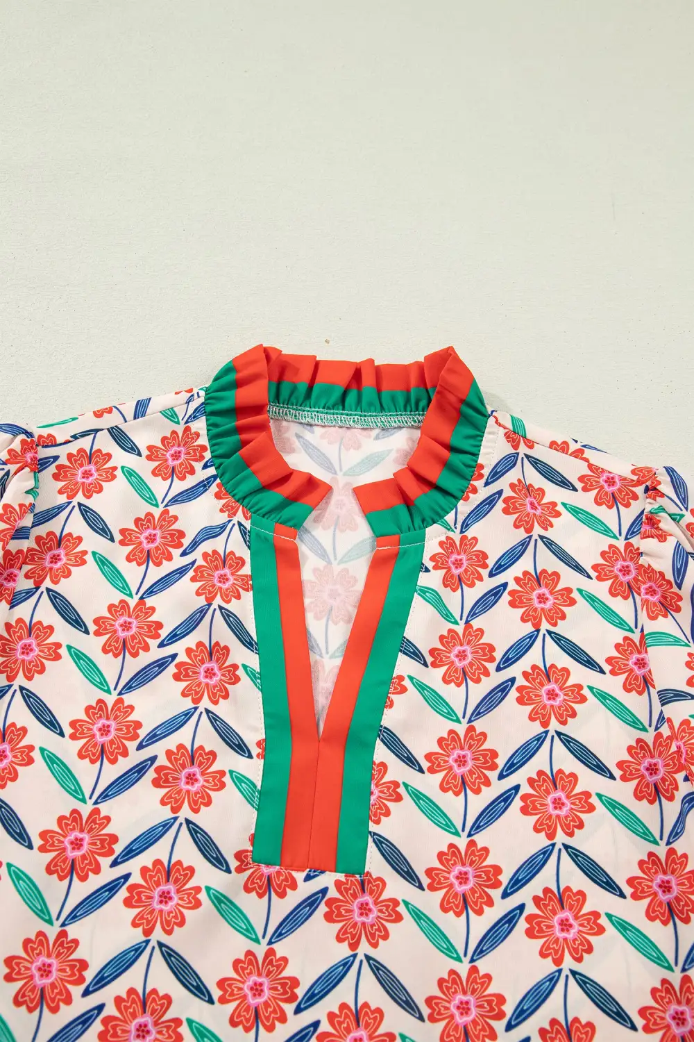 Red Floral Print Striped Detail V Neck Ruffled Short Sleeve Blouse