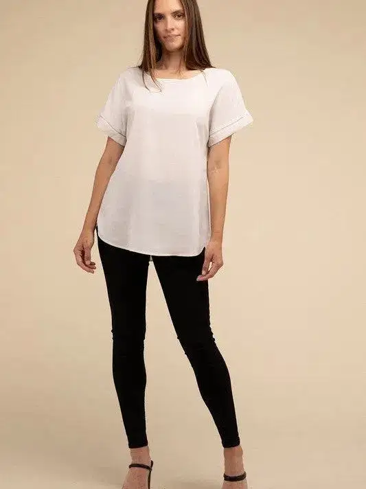 Sweet Basics Rolled Sleeve Boat Neck Top