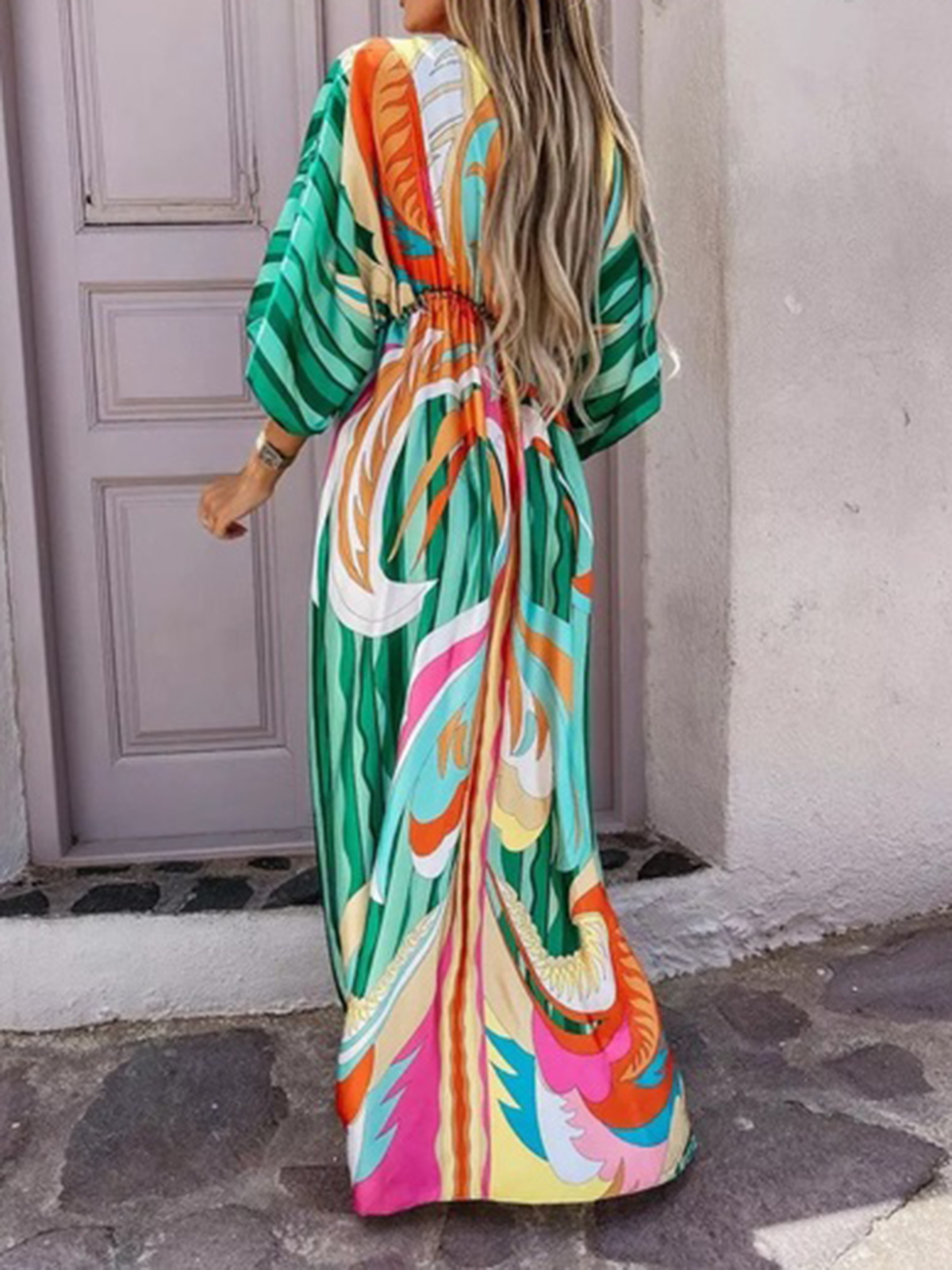 Holiday Style V Neck Slim Fit Printed Long Dress