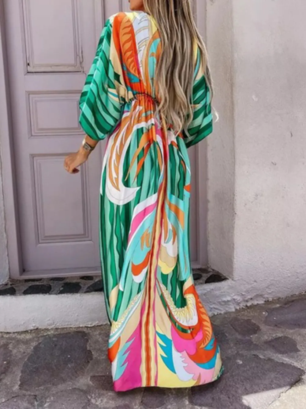 Holiday Style V Neck Slim Fit Printed Long Dress