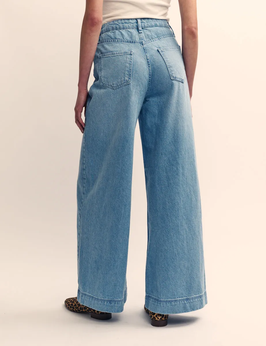 Mid Wash Blue Denim Super Wide Leg Jeans