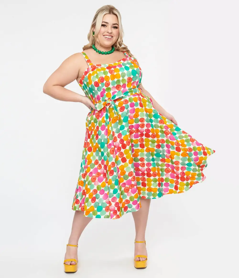 Plus Size 1950s Rainbow Watercolor Polka Dot Lori Swing Dress