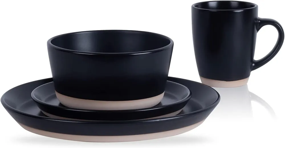 Stone Lain 32 Piece Glazed Stoneware Dinnerware Set, Service 8, Blue and Black