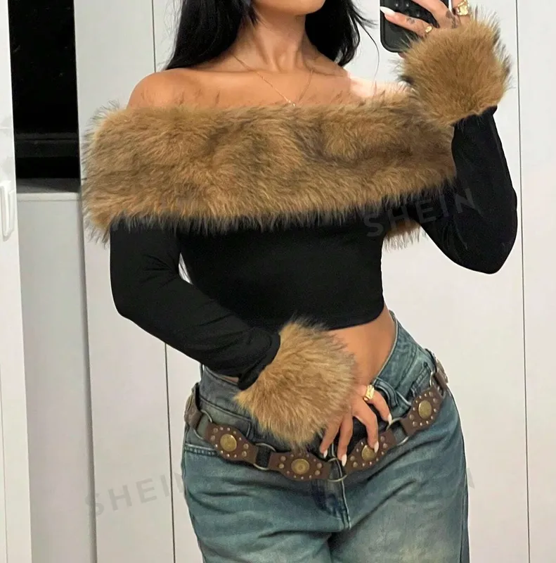 Women's Colorblock Plain Contrast Faux Fur Blouse