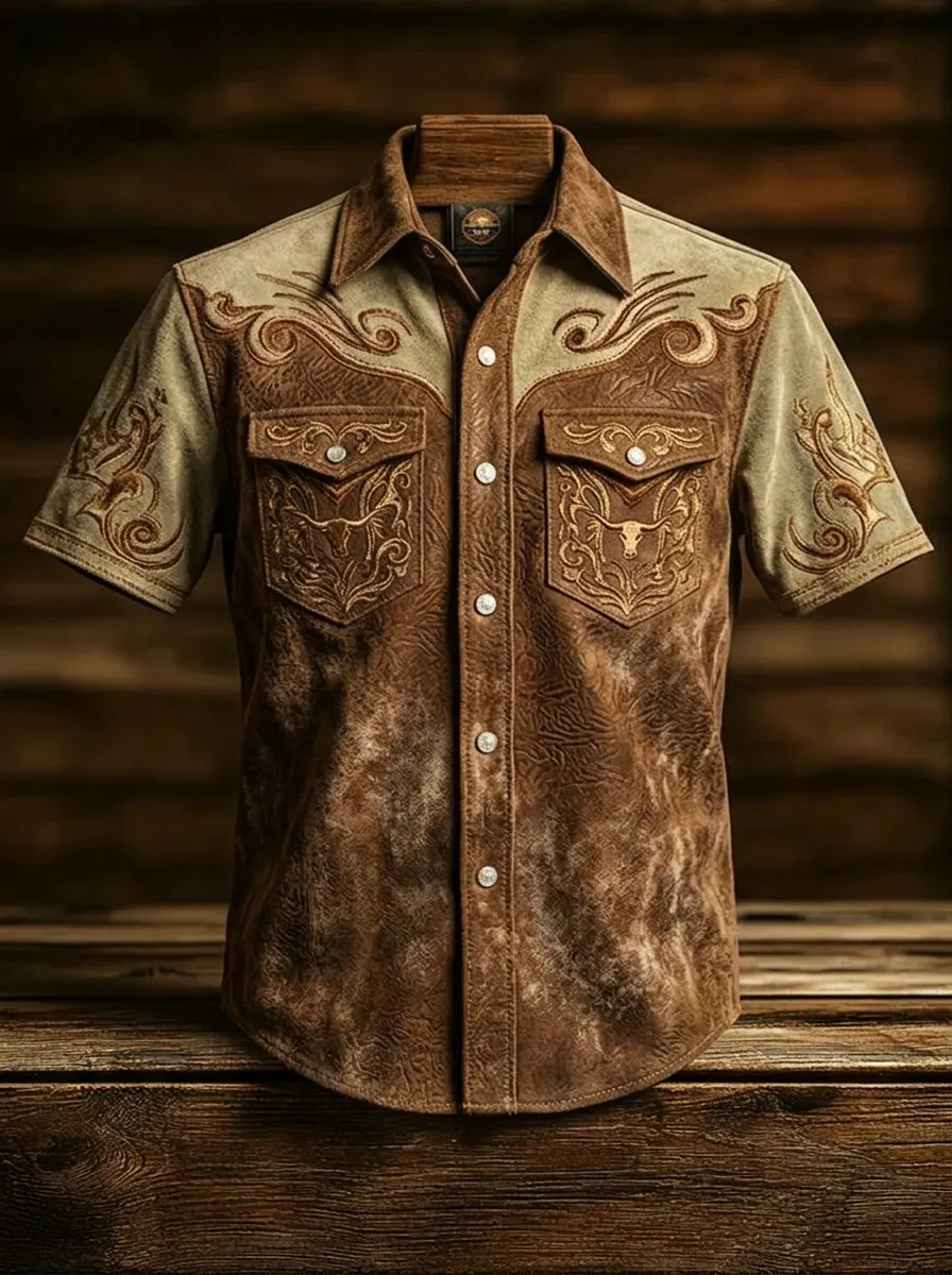 Men's Western Cowboy Bull Skull Embroidered Printed Shirt