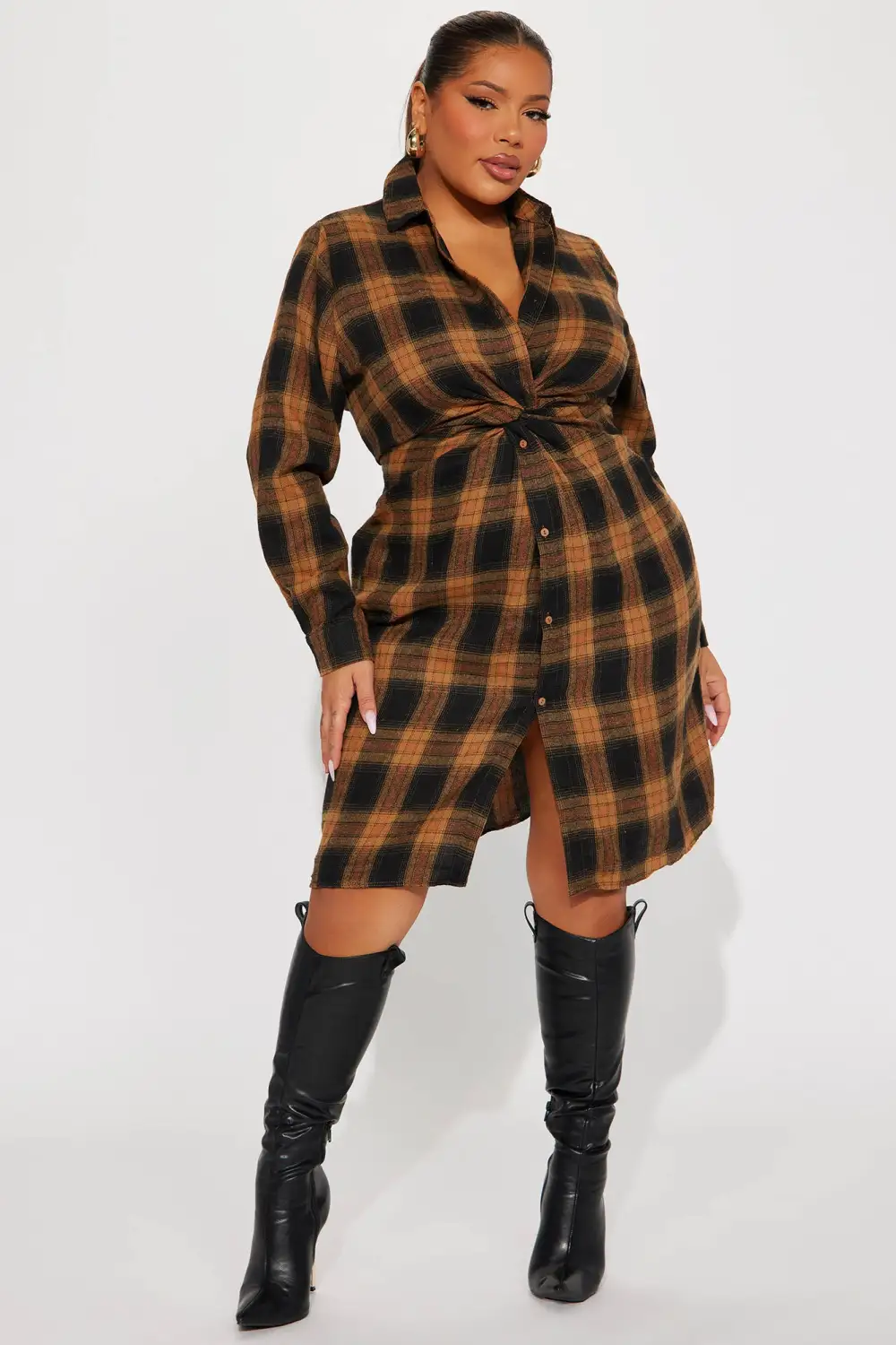 Fall Flannel Midi Dress - Camel/combo