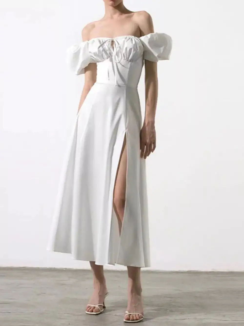 Slit Puff Sleeve Midi Dress