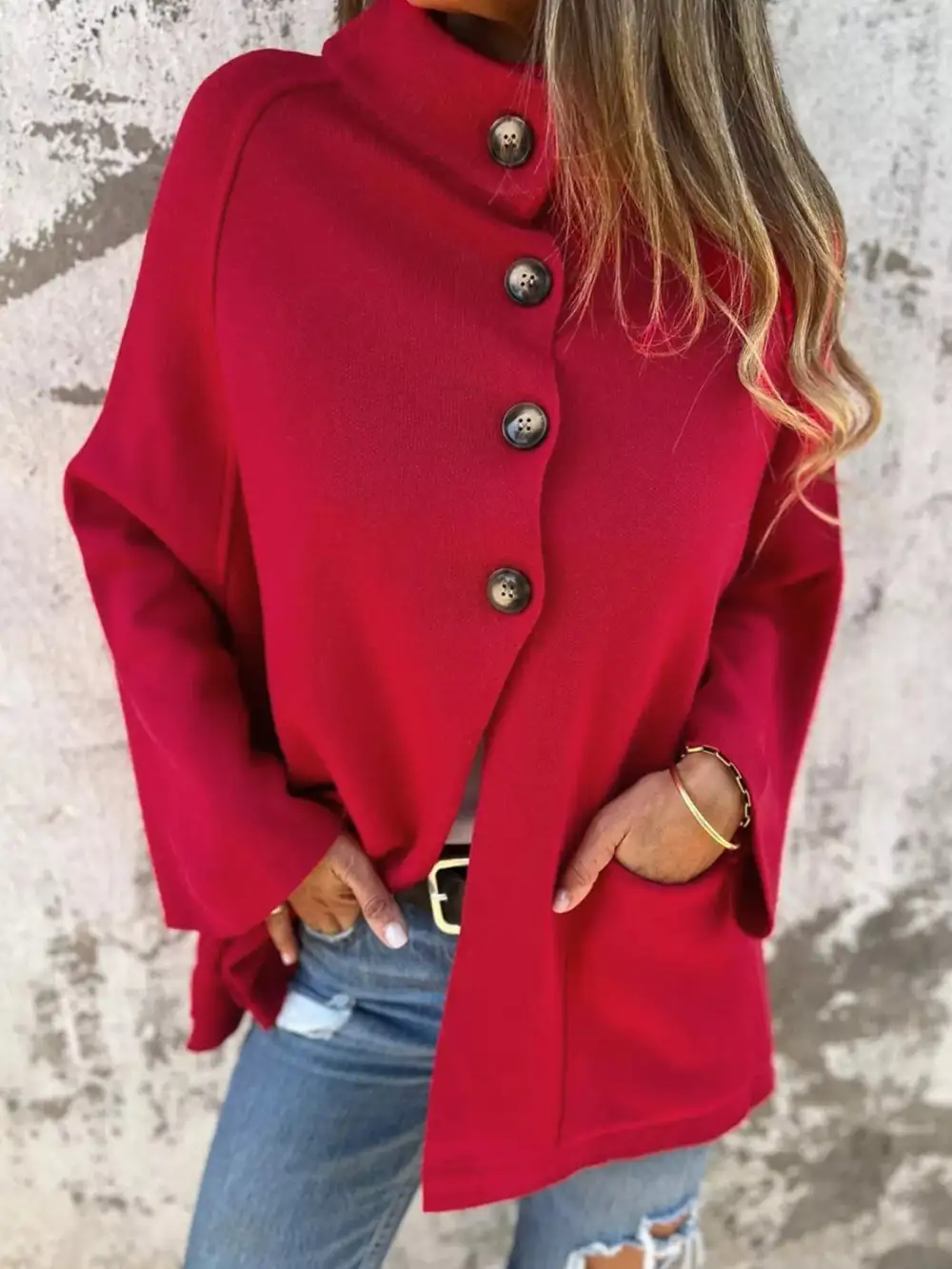 Collared Button-Front Wrapped Cardigan