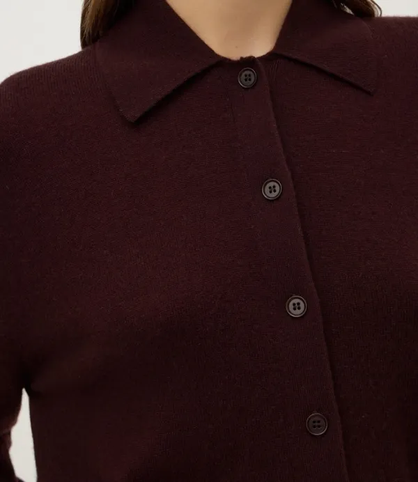 Dark Merlot Wool Cashmere Button-Up Cardigan