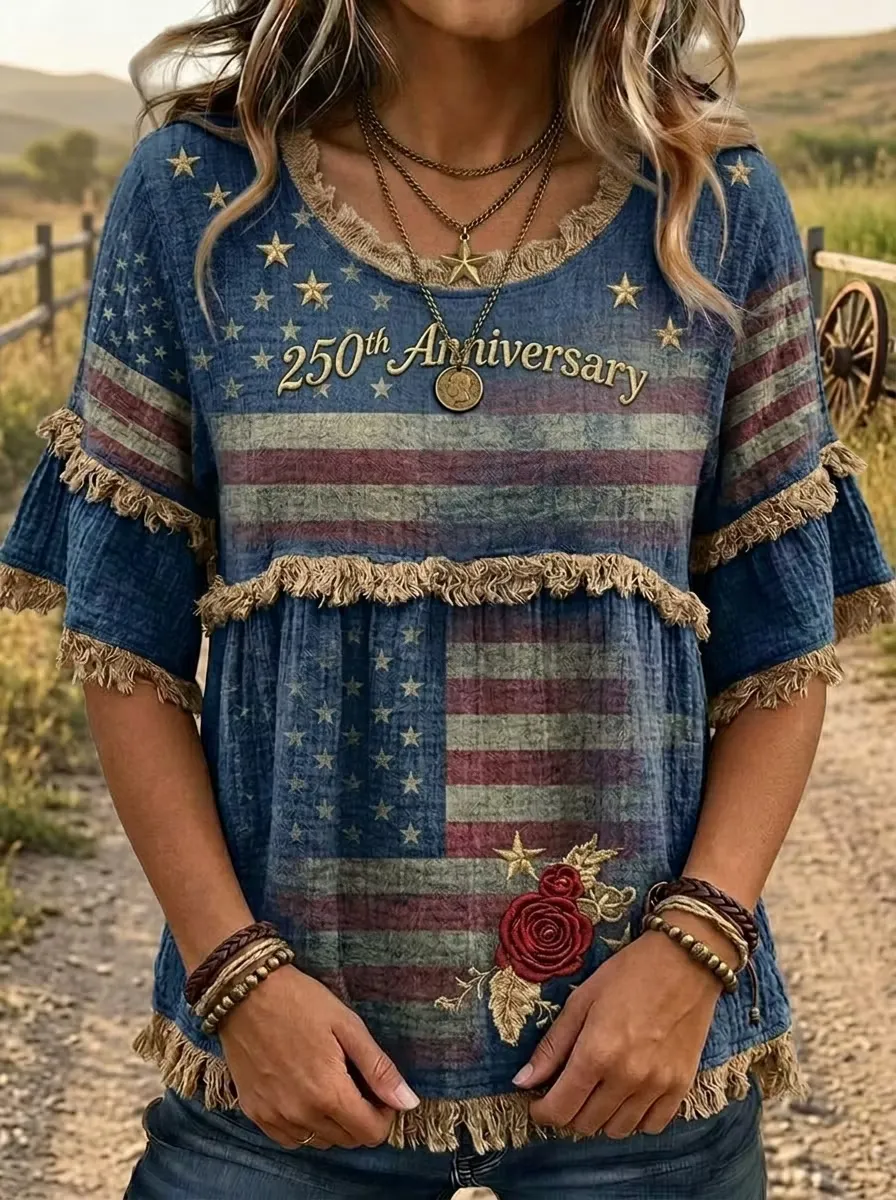 Vintage 250th Anniversary Fourth Of July Print Patchwork Shirt