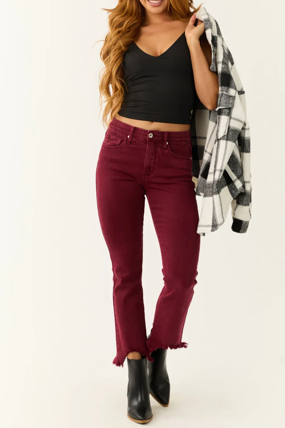 Wine Red Tummy Control Cropped Jeans