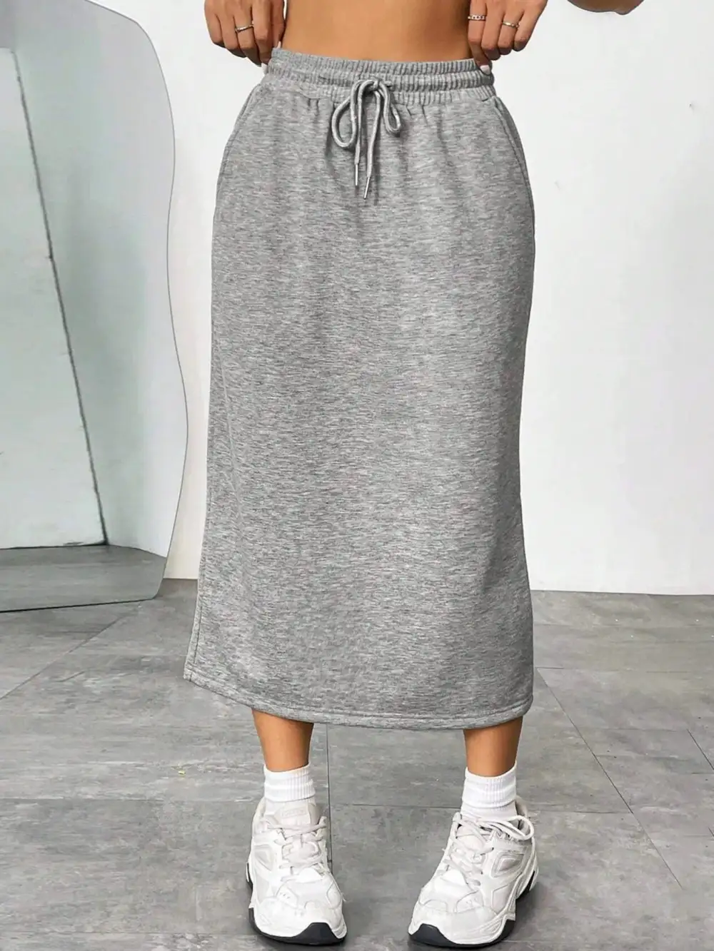Drawstring Side Slit Midi Skirt