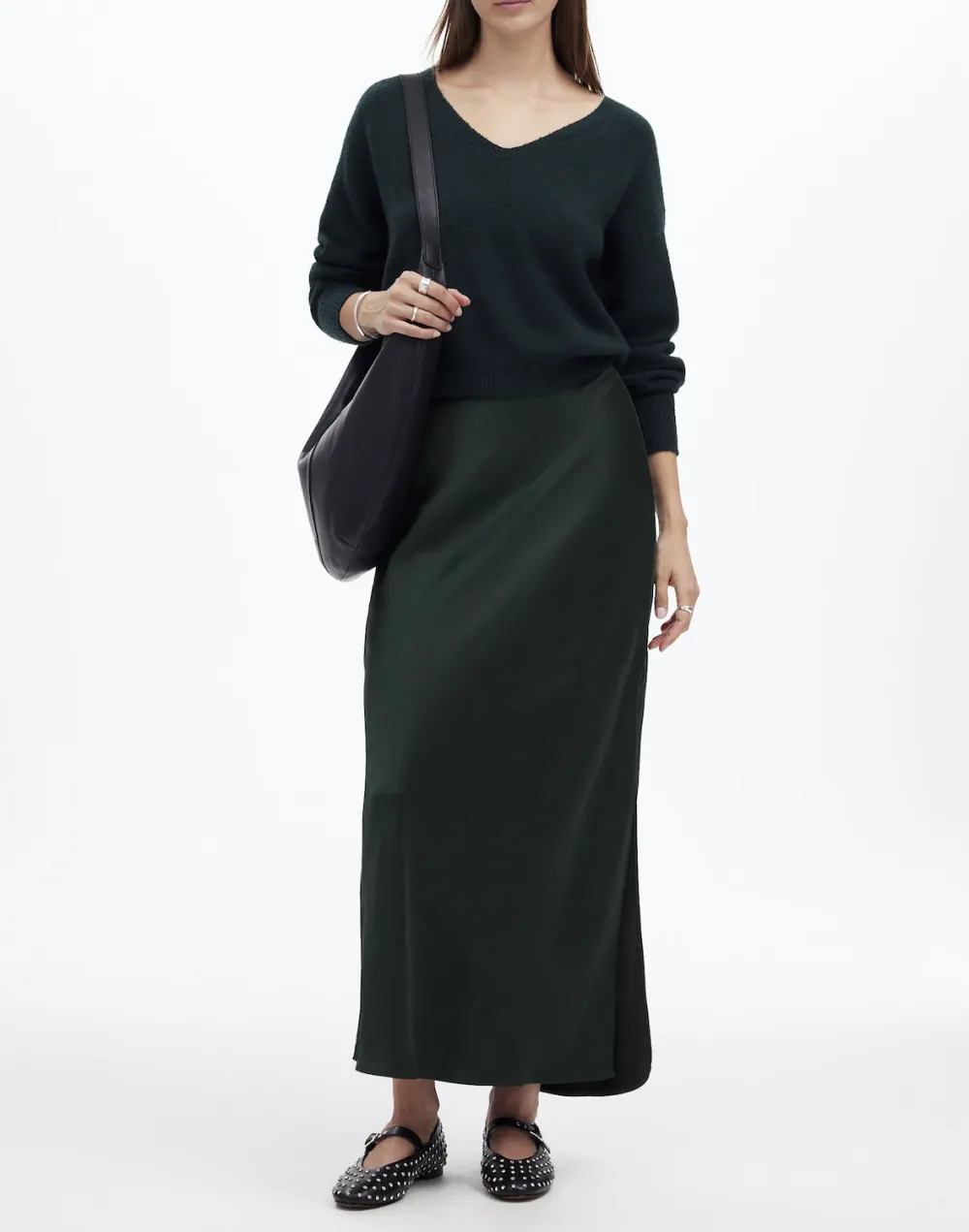 Dark Green Satin Maxi Slip Skirt