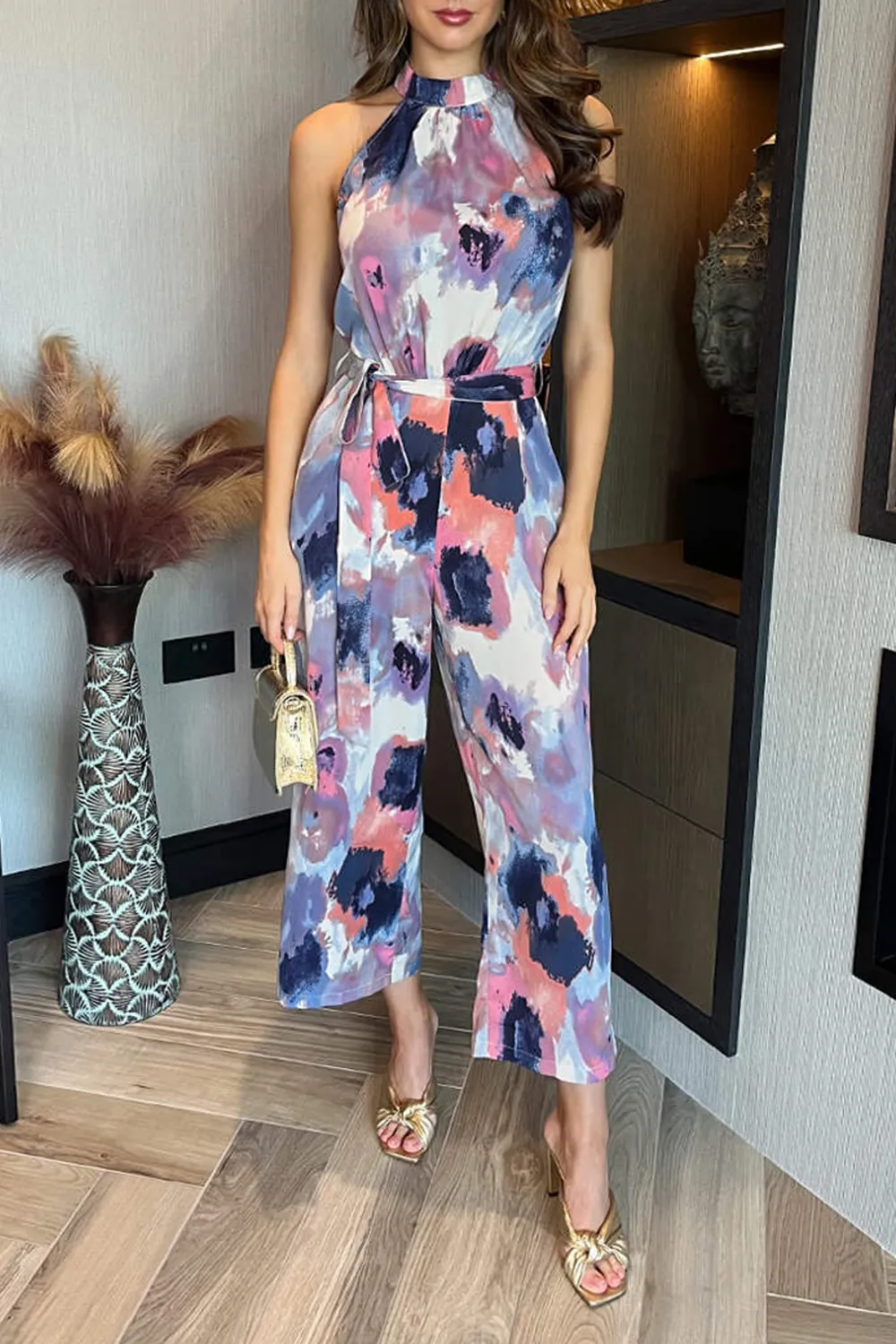 Colorful Art Print Women's Sleeveless Turtleneck Jumpsuit