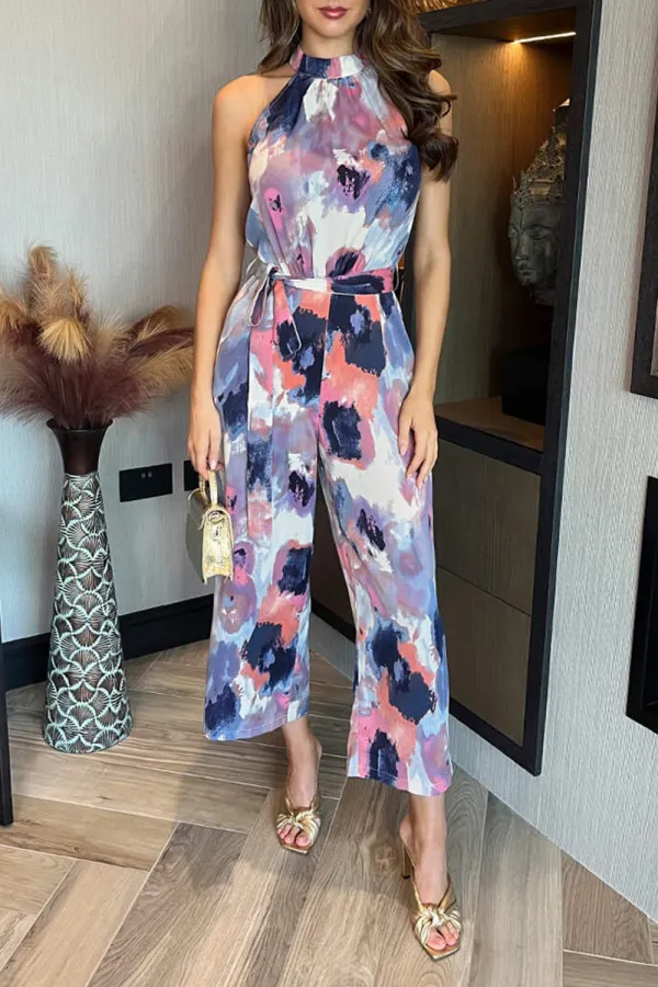 Colorful Art Print Women's Sleeveless Turtleneck Jumpsuit