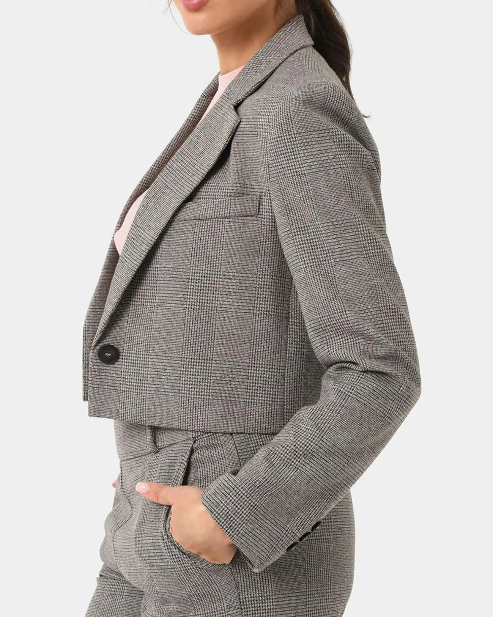 Checked Crop Blazer -Beige & Black