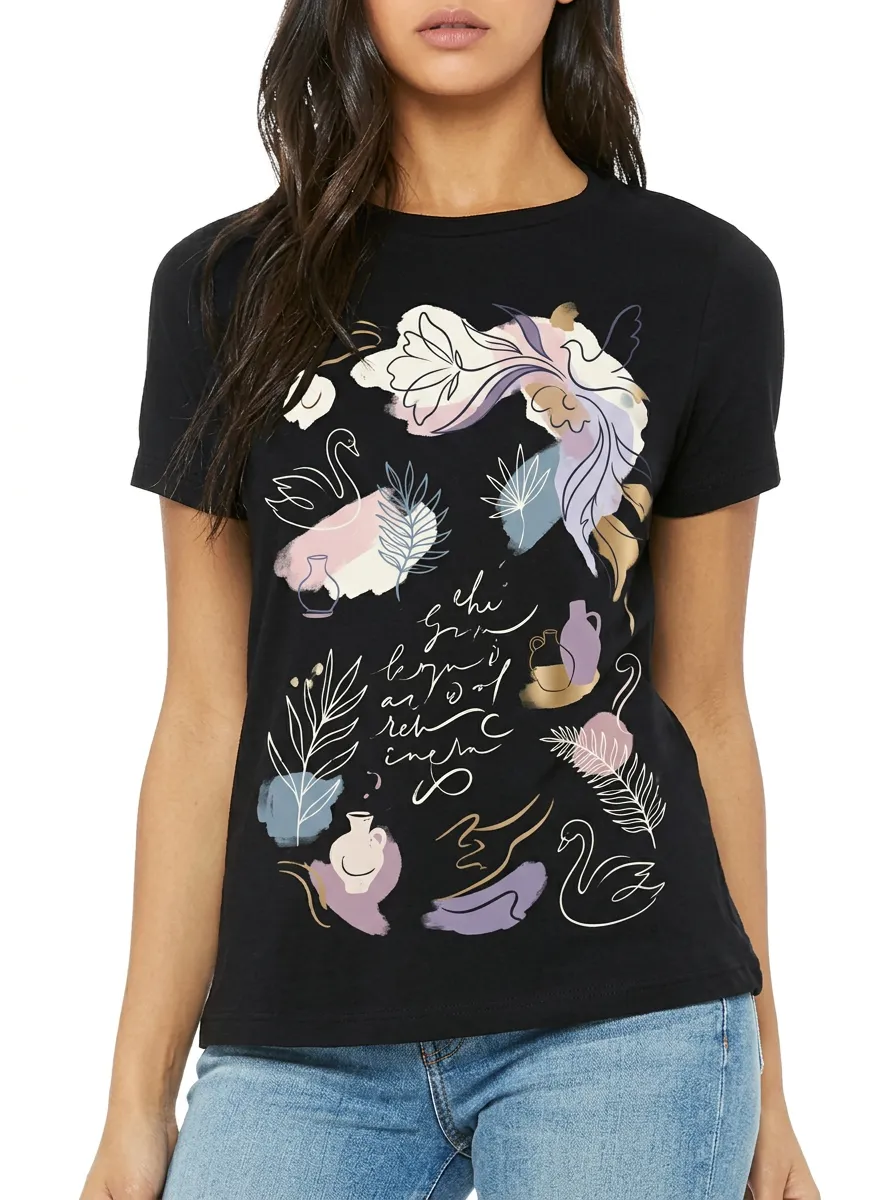 Women's Abstract Swan Floral Vase Script Printed T-shirt