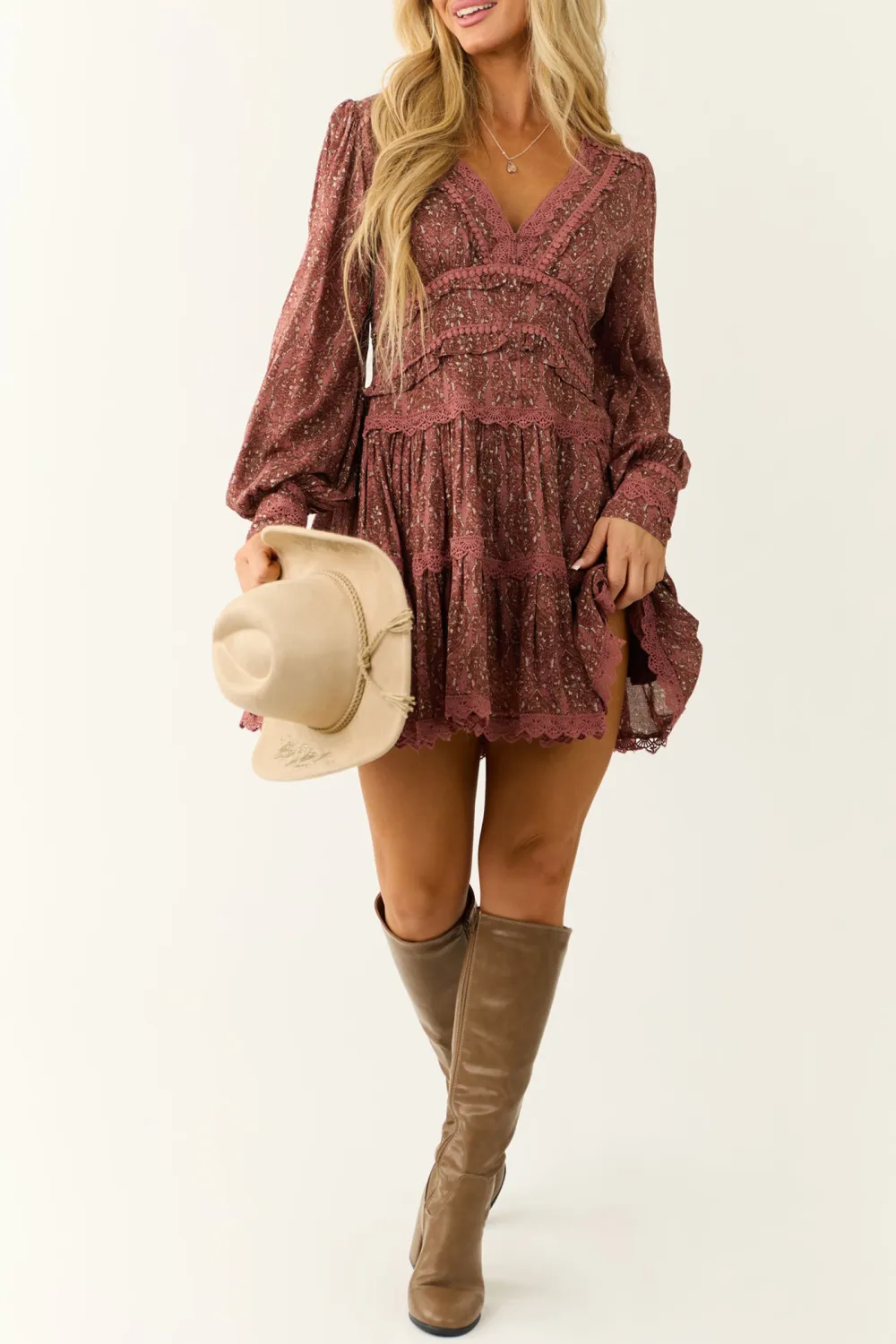 Print Lace Trim Mini Dress