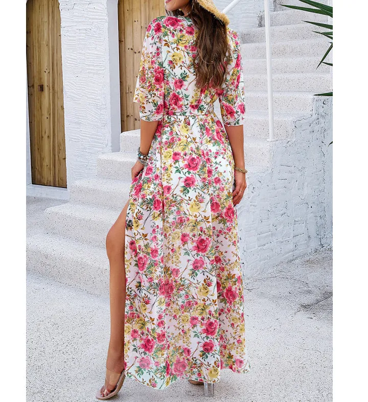 Printed Tied Half Sleeve Slit Dress