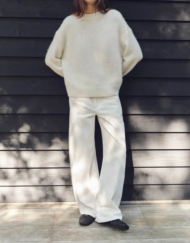 Cream Alpaca Blend Cropped Knit Sweater