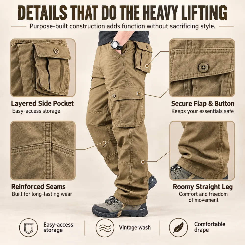 Men’s Cargo Pants - Khaki, Dark Gray & Black, Casual Basic, Mid Waist, Plain, Polyester, Multi-Pocket, Loose Fit, Durable, Long Pants for Daily Outings