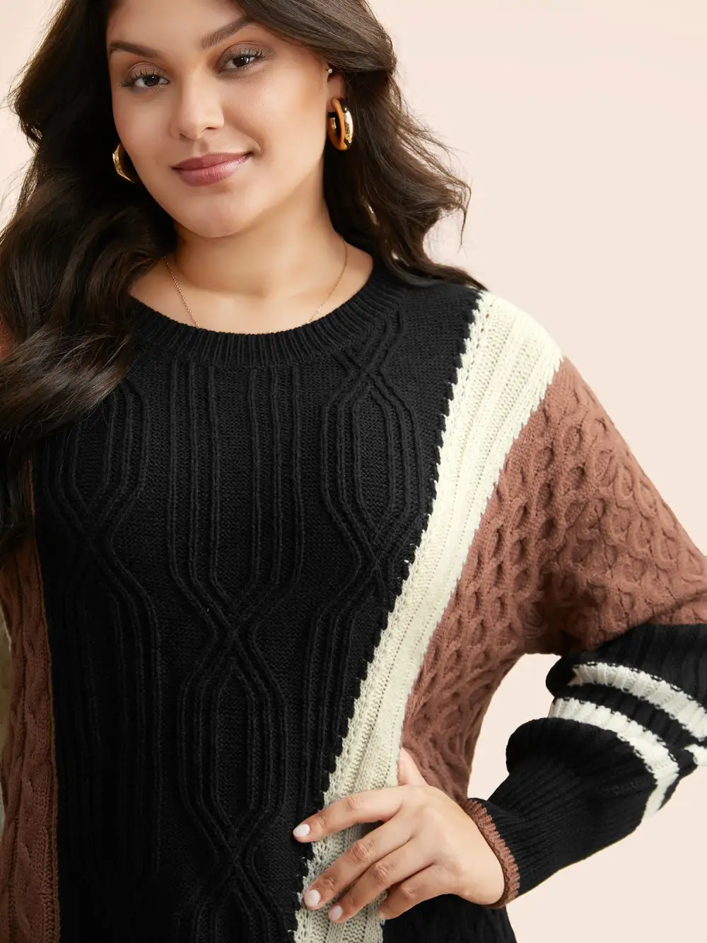 Contrast Patchwork Cable Knit Pullover