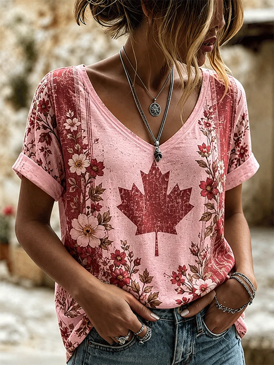 Women's Canada Flag Maple Leaf Printed V-Neck Short Sleeve Top
