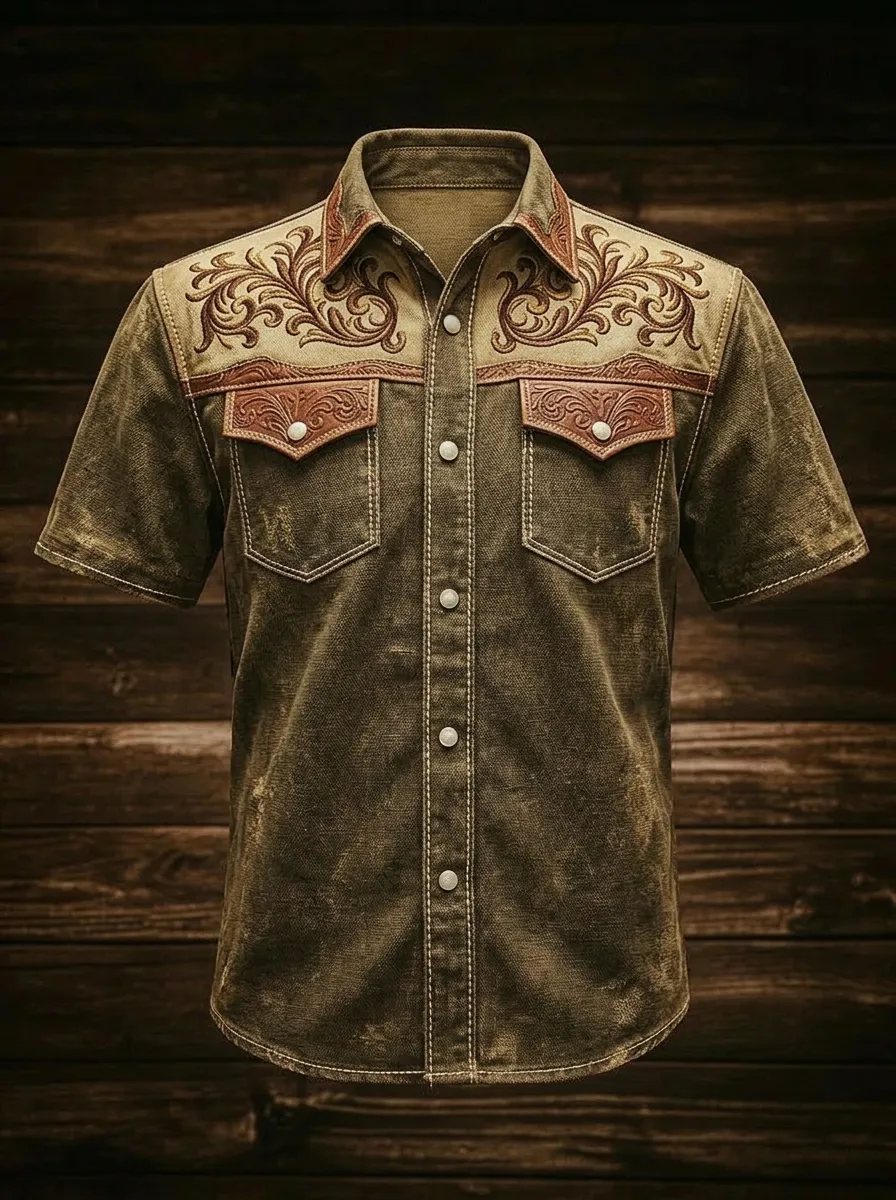 Men's Western Cowboy Floral Tooled Leather Printed Shirt-2