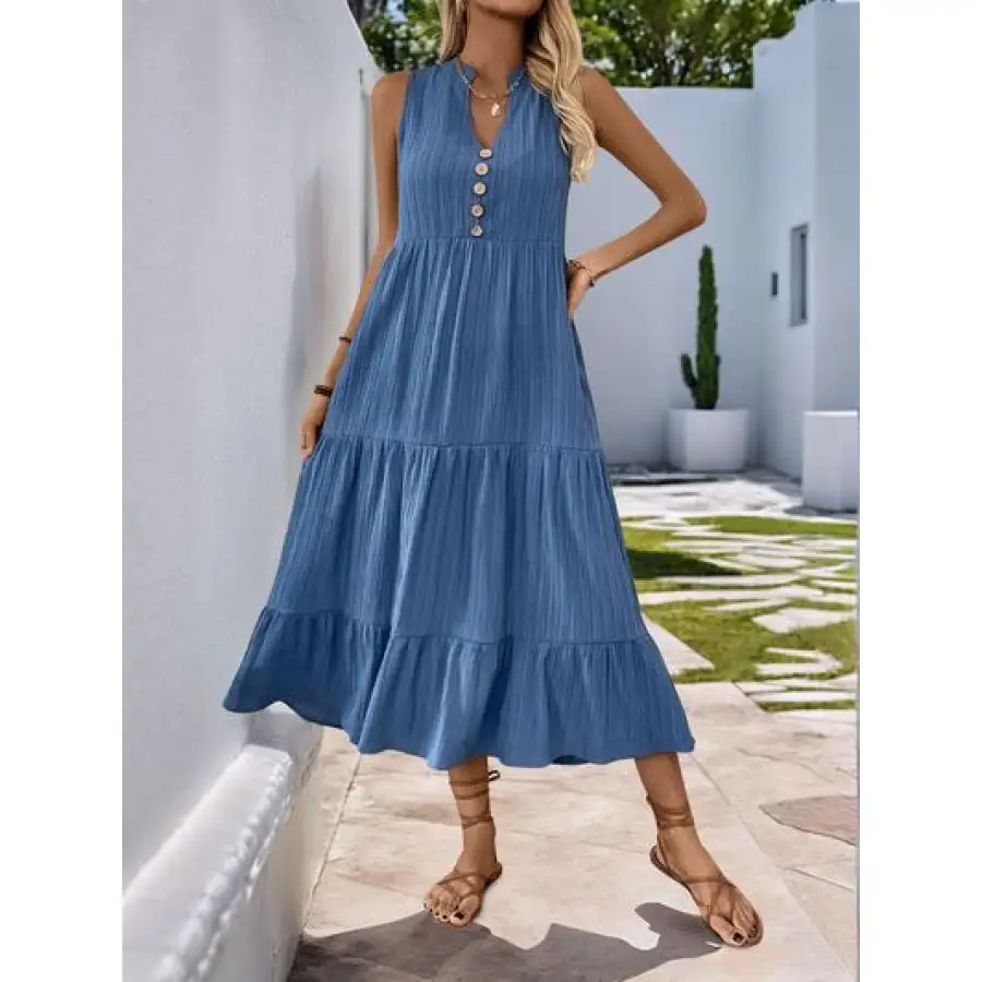Perfee Decorative Button Notched Sleeveless Tiered Dress