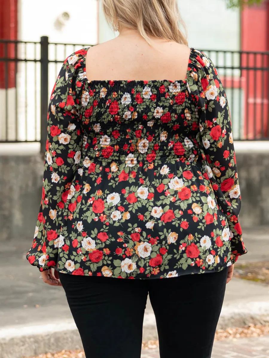 Flower Pattern Pleated Square Neck Lantern Sleeve Shirt