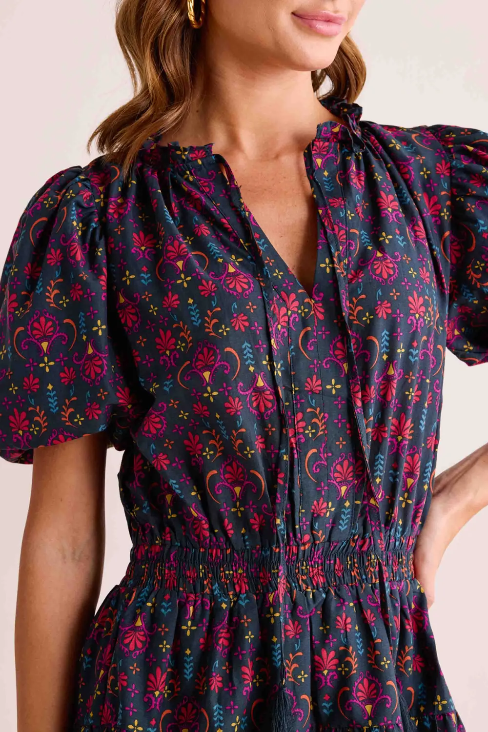 Navy Floral Print Puff Sleeve Tie-Waist Dress