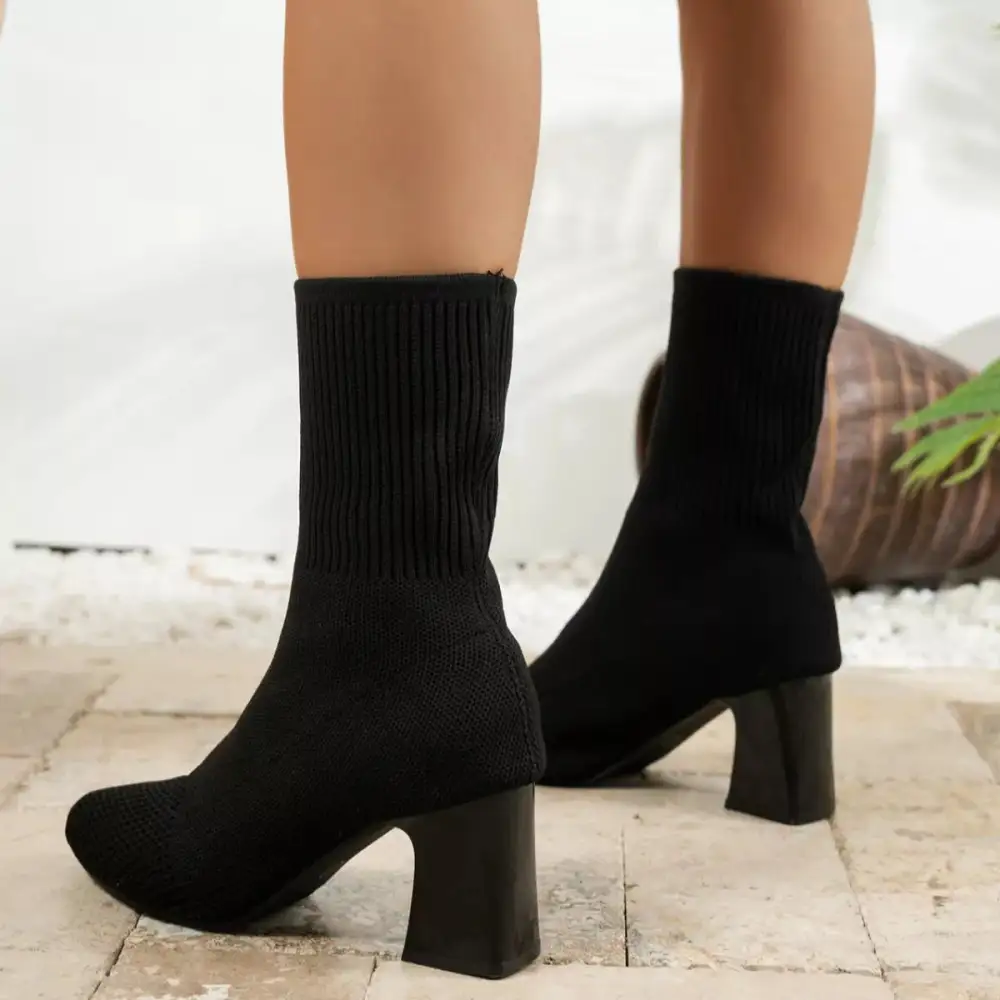 Pointed Toe Knit Sock Boots with Block Heel