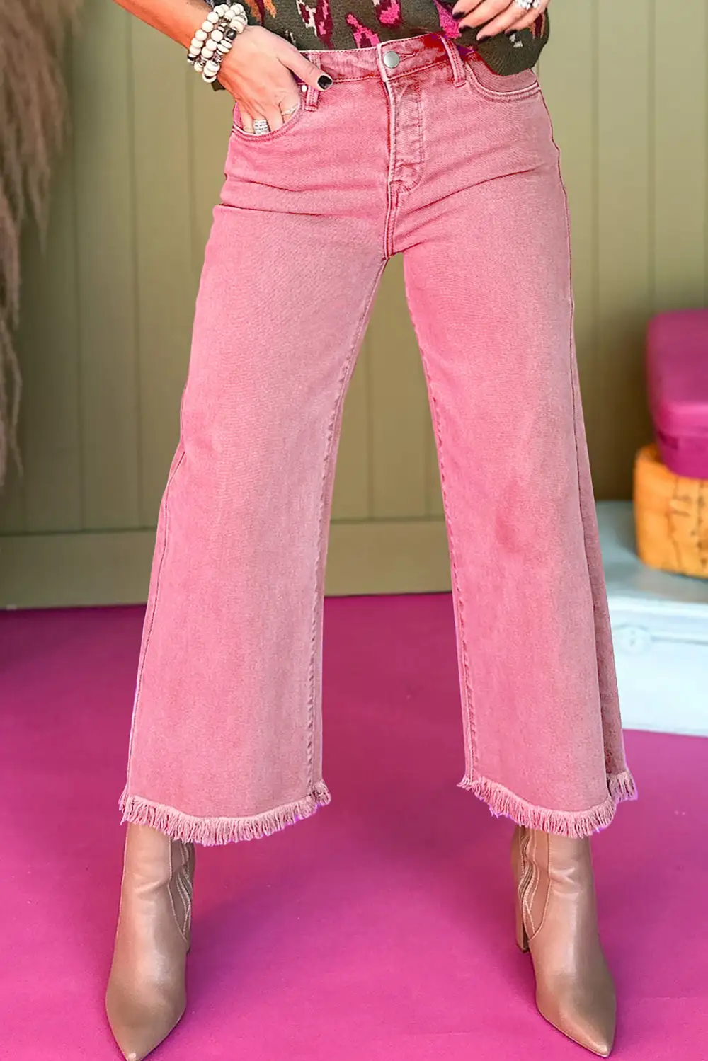 Wide Leg Cropped Peach Blossom Acid Jeans