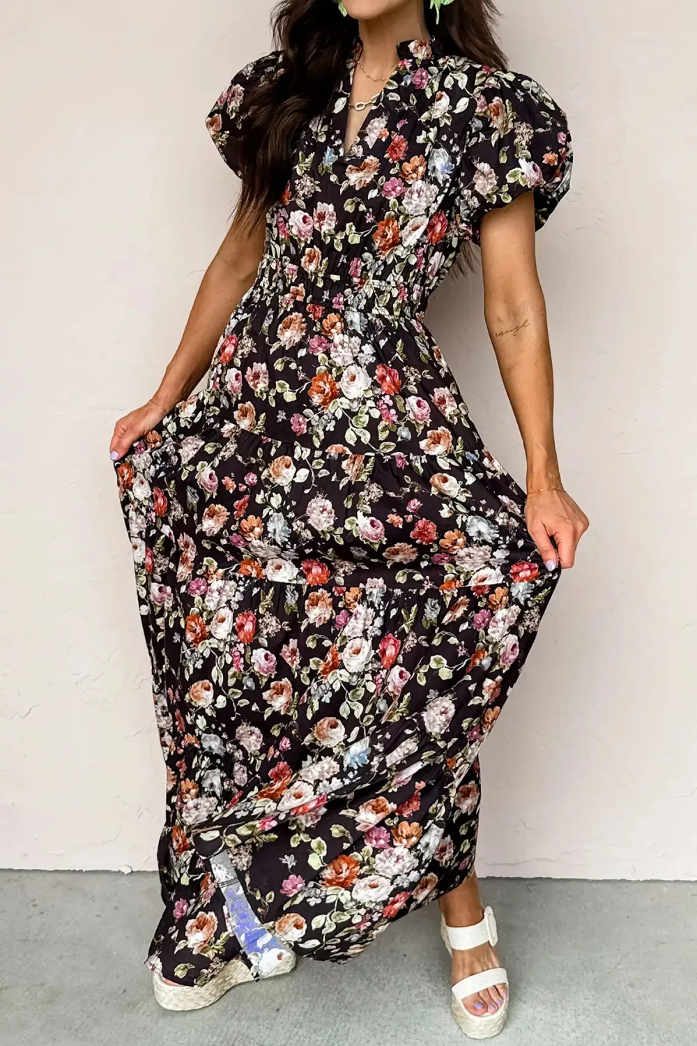 Soft Touch Floral Printed V Neck Maxi Dress