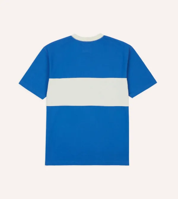 Blue and Ecru Panel Stripe Cotton Crew Neck Hiking T-Shirt Daily