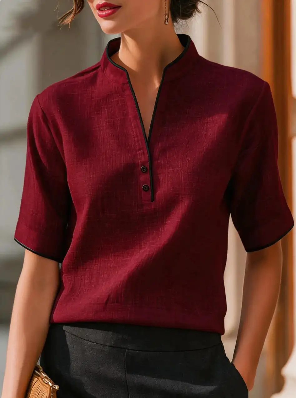 Stand Collar V-Neck Blouse