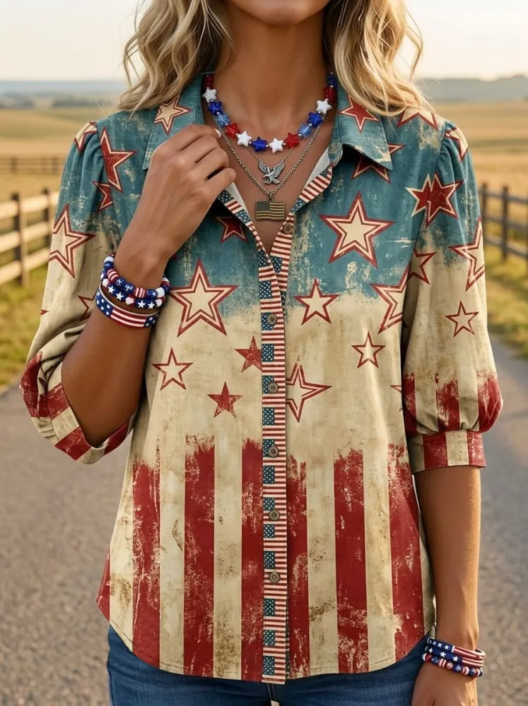 Vintage American Independence Day Print Casual Puff Sleeve Denim Shirt