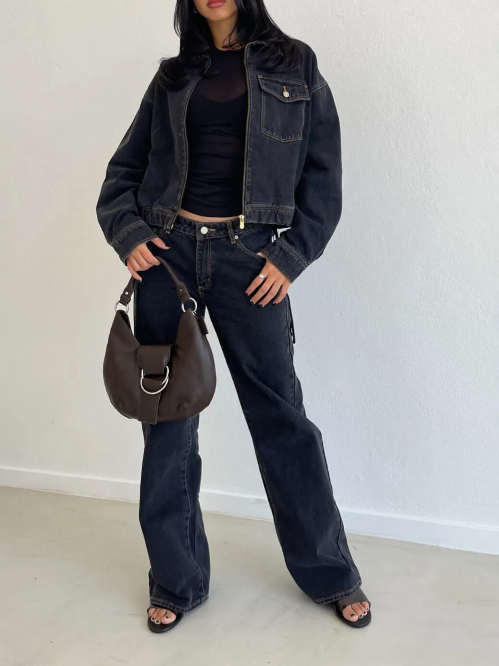Zip Up Drop Shoulder Denim Jacket